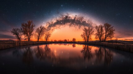 Obraz premium Serene Sunset Reflection on Tranquil Lake with Majestic Silhouetted Trees