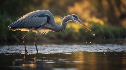 Obraz premium A majestic heron wading in water, capturing droplets in a serene natural setting.
