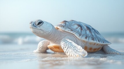 Obraz premium Albino sea turtle beach sunrise ocean waves calm