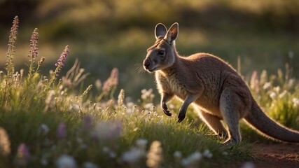 Fototapeta premium A kangaroo hops through a field of flowers during golden hour, showcasing natural beauty.
