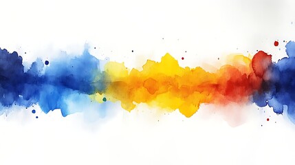 Fototapeta premium Abstract Watercolor Wash: A vibrant horizontal band of blue, yellow, and red watercolor washes blends seamlessly, creating a dynamic and energetic abstract art piece. The colors evoke warmth, energy.