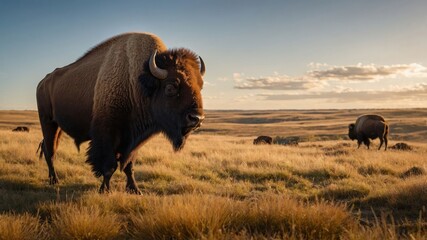 Fototapeta premium A bison stands in a grassy landscape during sunset, showcasing natural beauty and wildlife.