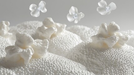 White popcorn landscape with floating flowers; studio shot, product advertising