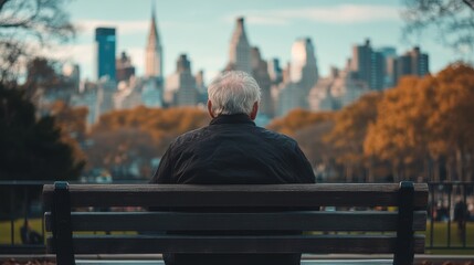 Fototapeta premium Elderly Man Lost in Thought on Public Bench with City View