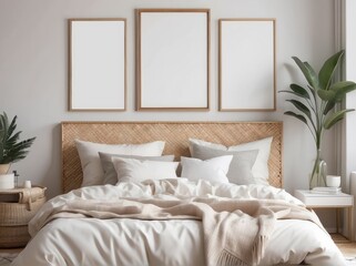 Interior design of room with blank poster frame, Off-White desk, cozy bed, vase with leaves