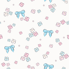 Vector illustration. Seamless pattern of blue bows and flowers on a light background with dots. Girly background, cute fabric design, postcard template, wallpaper, website, banner
