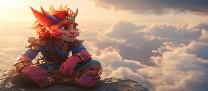 Dragon creature sunset cloudscape, mountaintop meditation, fantasy film