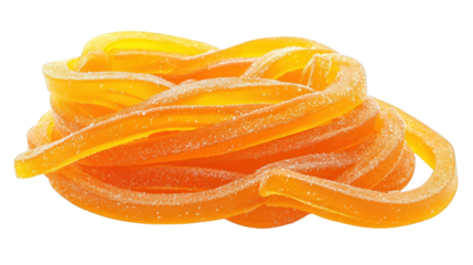 pile of bright orange gummy candy. shaped like long. twisted ropes and coated with a light dusting of sugar this sweet treat is often enjoyed as a snack or dessert. appealing to those with a sweet too