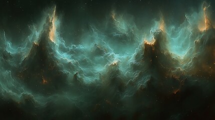 Fototapeta premium Cosmic Nebula: Teal and Gold Swirls: A breathtaking abstract nebula image, showcasing swirling teal and gold gases in a cosmic dance. The image evokes a sense of mystery and wonder.