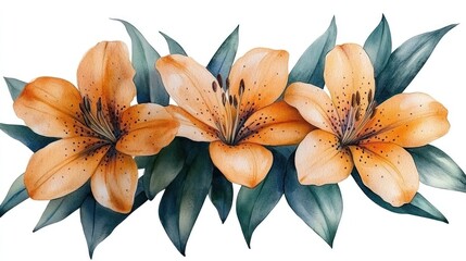Obraz premium Orange lilies watercolor bouquet, floral design, white background