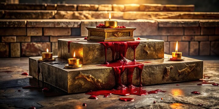 Ancient ritual sacrifice with gold and blood on a stone altar , sacrifice rite, atmosphere,  sacrifice rite