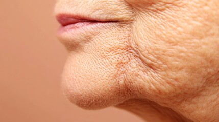 Obraz premium Close-up wrinkled senior woman's jawline, profile, peach background, skincare