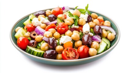 A colorful plate of Mediterranean chickpea salad with cherry tomatoes, cucumber, red onion