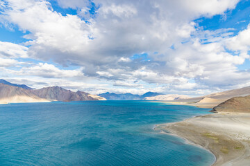 Beautiful landscape with mountains at Pangong Tso, or Pagong Lake, near Man, situated on the border with India and China, Leh, Ladakh, India. one of the world's highest brackish water lakes.