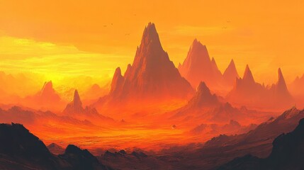 Fototapeta premium Mountain landscape with layers of peaks fading into the horizon under an orange sky