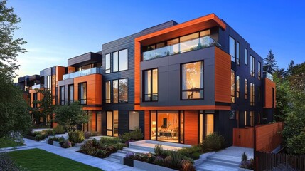 Obraz premium Creative visualization of a modern townhouse with rooftop living space.