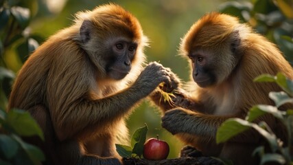 Obraz premium Two monkeys sharing food in a lush environment, showcasing their interaction and curiosity.