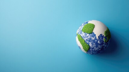 Earth's miniature model on blue background depicting continents and oceans