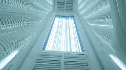 Obraz premium Futuristic chamber; glowing; vertical; white; technology; interior; science; research; background; medical