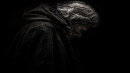 Elderly woman, hooded cloak, dark background, pensive pose, portrait