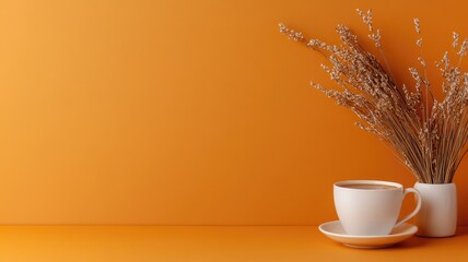 White coffee cup on saucer with dried flowers in vase, orange background