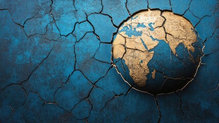 Cracked earth merges with world map on blue surface, symbolizing global environmental issues