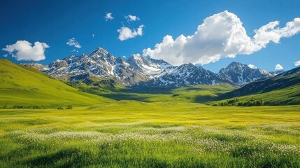 Mountain spring landscape with green meadows and snow-capped peaks