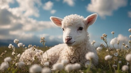 Obraz premium A cute lamb resting in a field of flowers under a blue sky with fluffy clouds.