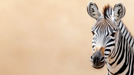 Fototapeta premium Zebra with black and white stripes against beige background