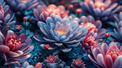 Blue and Pink Lotus Flowers in a Lush Garden Close Up View with a Dreamy Feel