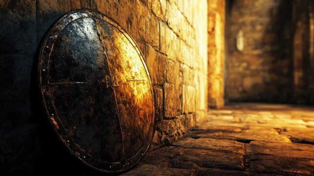 Close-up of a weathered medieval shield leaning against a stone wall in a dimly lit historical corridor.