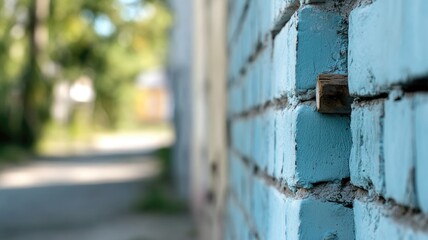 Close-up of weathered blue brick wall along street with blurred foliage in background