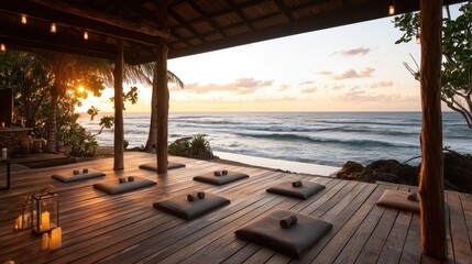 Obraz premium Sunset Beachfront Retreat with Cozy Wooden Deck and Lounge Area