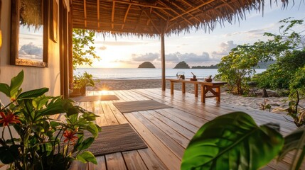 Fototapeta premium Scenic Tropical Wooden Hut Terrace overlooking Sunset Ocean Landscape