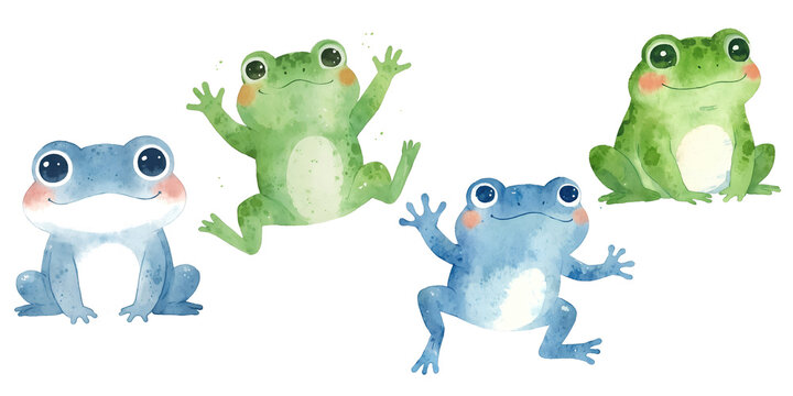A digital painting of four cute frogs in different poses, with two green frogs and two blue frogs. Baby Shower, Digital Download, Baby Nursery Art