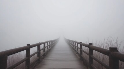 Fototapeta premium Foggy boardwalk path disappearing into mist, reeds in background, tranquil scene