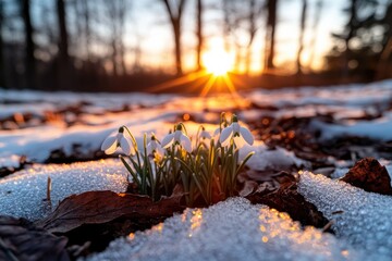 Obraz premium This image captures radiant snowdrop flowers rising through the melting snow, beautifully set against a breathtaking sunset that evokes feelings of hope and renewal.