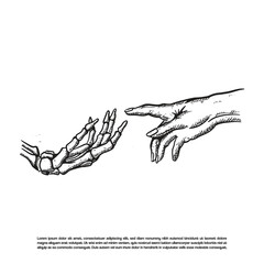 Two hands reaching toward each other. Death and rebirth, Heaven and hell, Devil and human symbol vector illustration