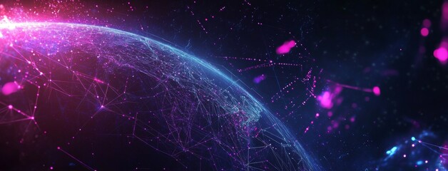 Obraz premium Abstract global network concept with a planet Earth made of glowing particles and lines on a dark blue background 