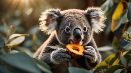 Fototapeta premium A koala munches on a piece of food amidst lush greenery, showcasing its natural habitat.