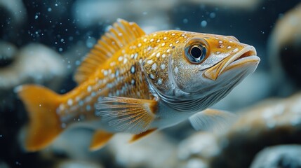 Fototapeta premium Close-up view of a yellow fish with white spots and visible blue eye in an underwater environment