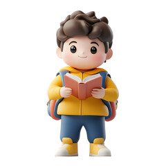 Fototapeta premium 3D render of a cute and happy school boy reading a book isolated on transparent background