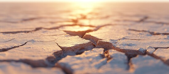 Obraz premium Sunset over cracked desert ground; drought, aridity, environmental impact