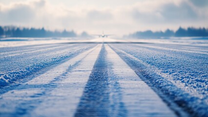 airport snow covered runway with tire tracks and winter sunlight with airplane in blurred background aviation photography