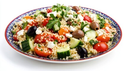 A colorful plate of Mediterranean couscous salad with couscous, cherry tomatoes, cucumber