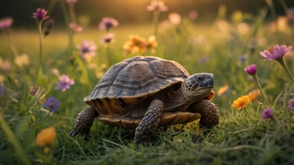 Obraz premium A turtle moving through a vibrant flower-filled meadow at sunset.