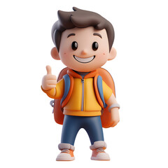 3D render of a cute and happy school boy giving thumbs-up isolated on transparent background