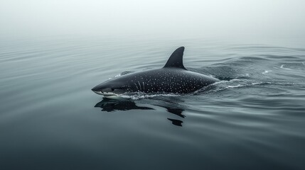 Fototapeta premium Whale shark swims foggy ocean; wildlife documentary
