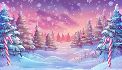 A snowy winter scene with a path leading through a forest of pine trees covered in snow. Candy canes and twinkling lights add a festive touch.