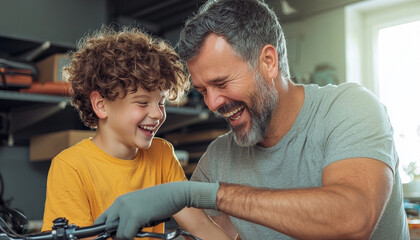 father and son joyfully working together on bicycle, sharing laughter and bonding in workshop. Their smiles reflect warm and playful relationship